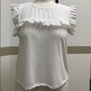 MANGO. White T-shirt with eyelet ruffle design.